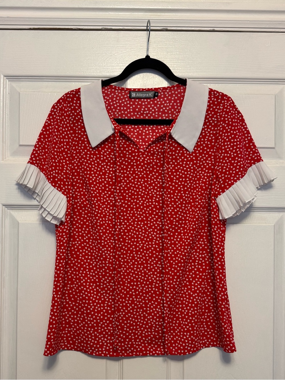 Allegra K Red Heart-Print Blouse with White Pleated Collar & Cuffs